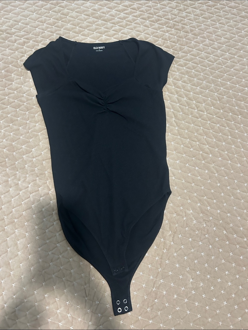 Old Navy Black Ribbed Twist-Front Bodysuit with Cap Sleeves